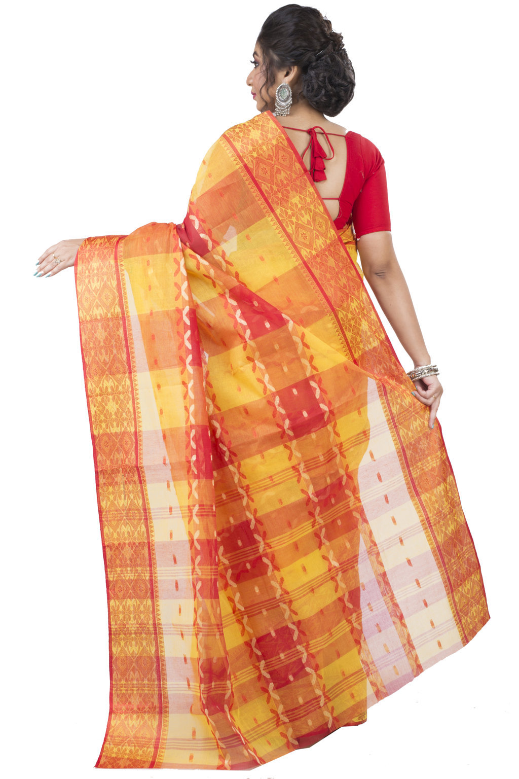 Yellow Red Pure Cotton SonaJhuri Desiging Tant Saree (112)